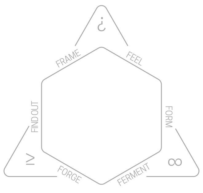 diagram with observe, reflect, act, frame, feel, forge, ferment, find out framework